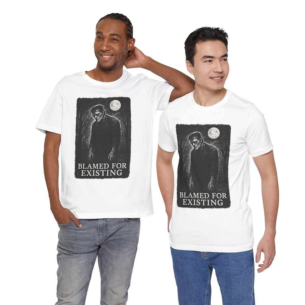 Thumbnail: Blamed for Existing Frankenstein T-Shirt - Monsters Unisex Statement Graphic Tee