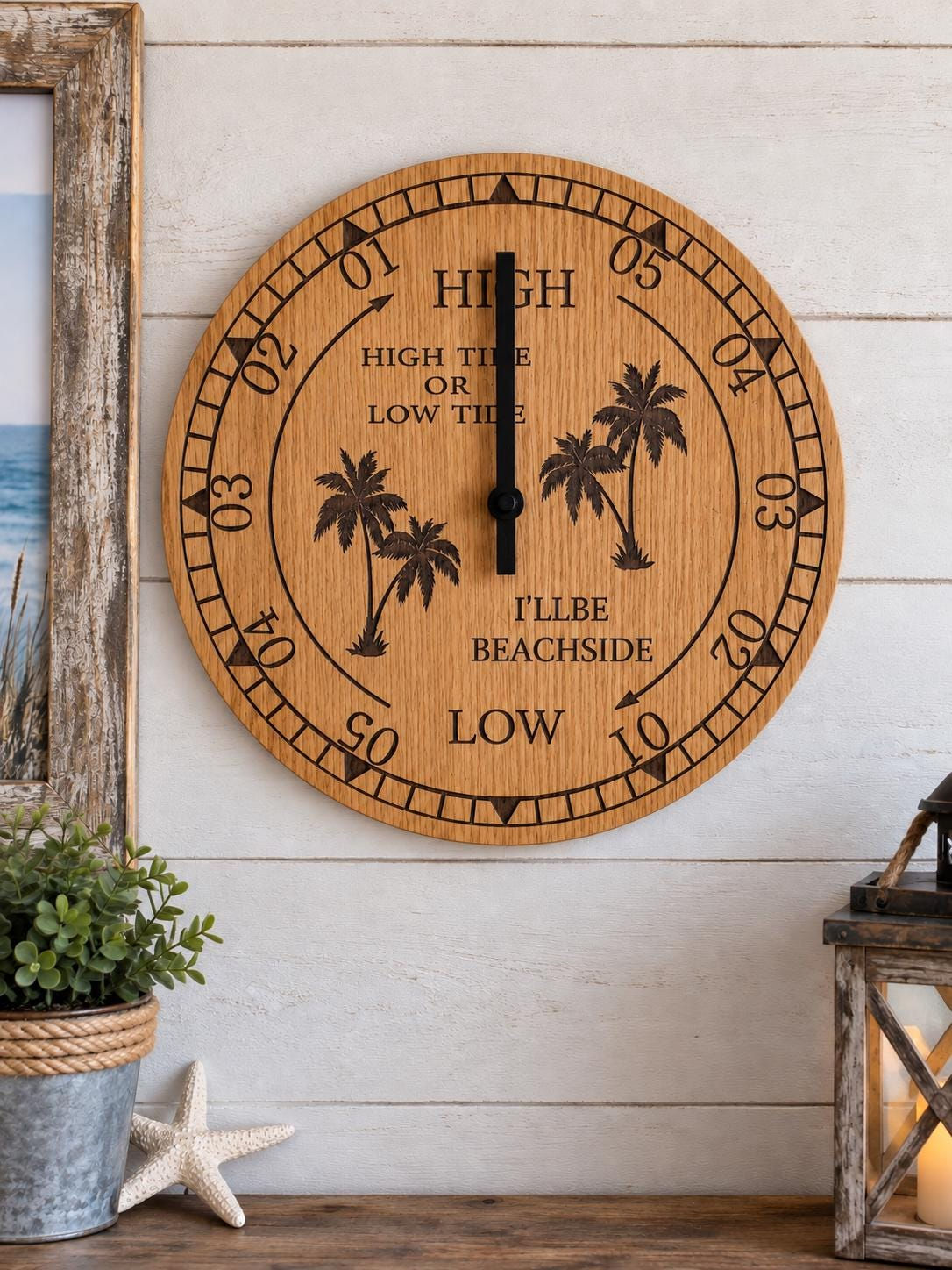 Handcrafted Wooden Tide Clock, Laser Engraved Palm Trees, Coastal Wall Decor