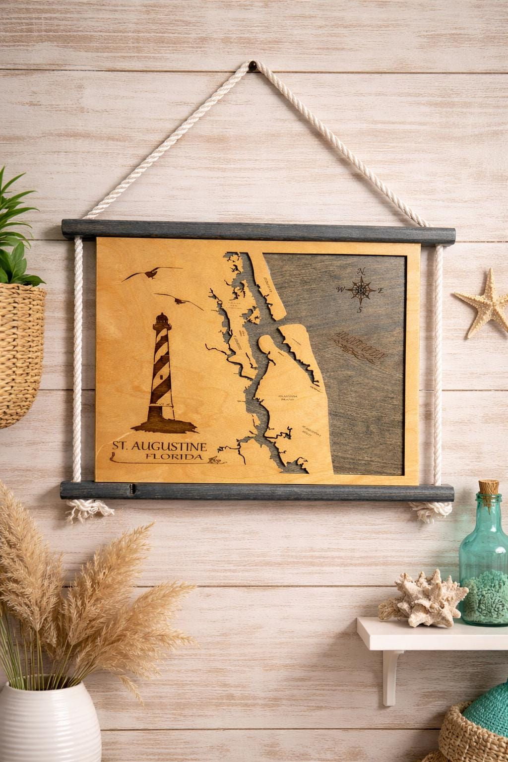 St. Augustine FL Wooden Map Wall Art - Nautical Coastal Decor