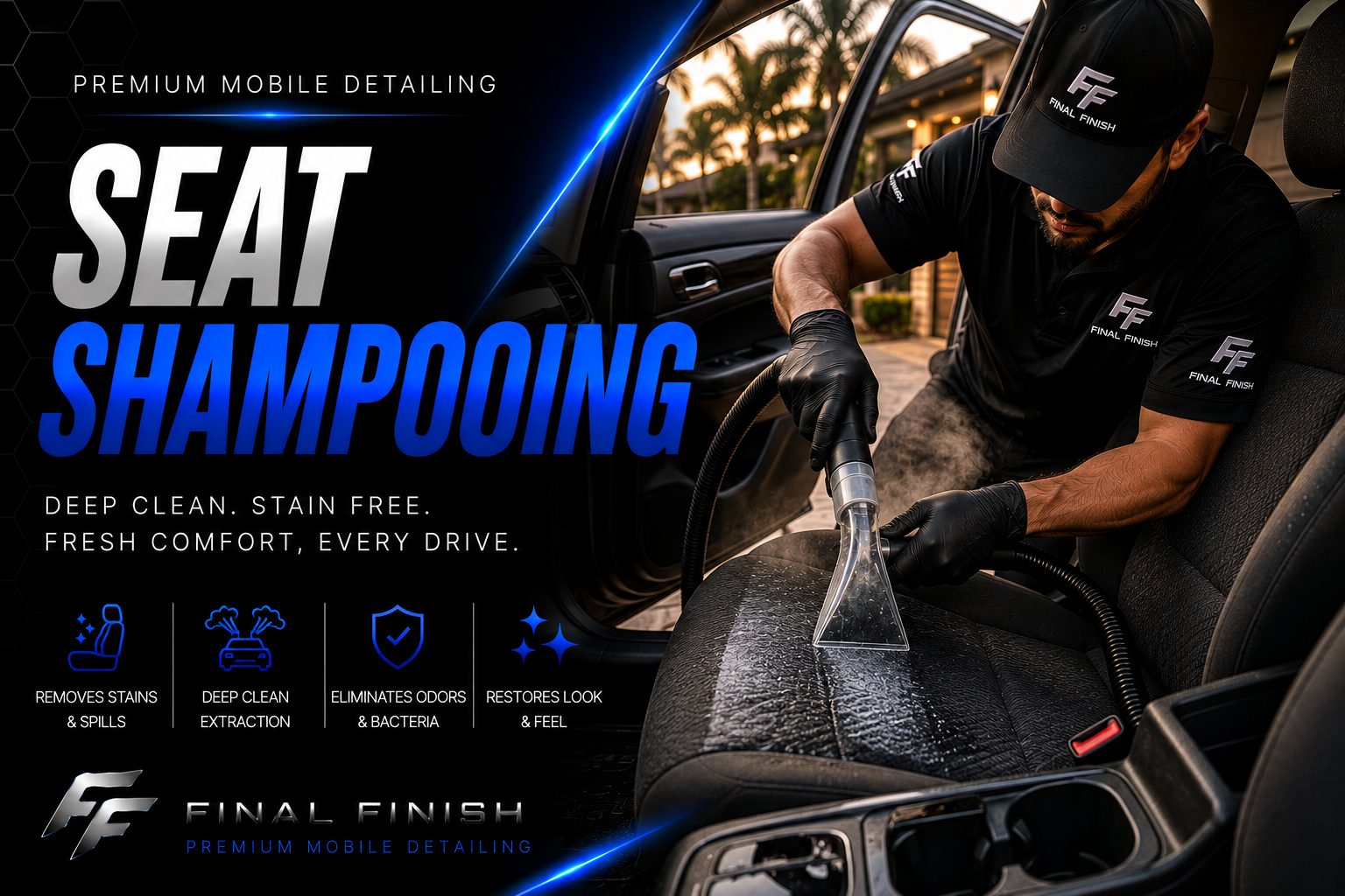 Professional seat shampooing service by Final Finish.
