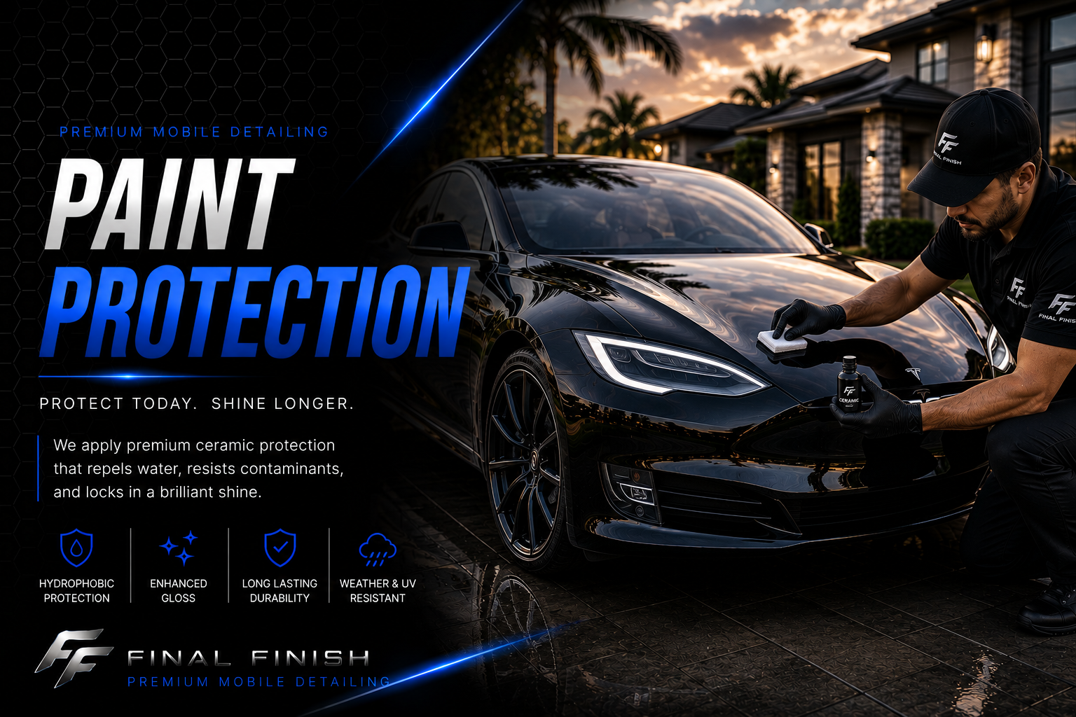 Detailer applying paint protection to a black car.