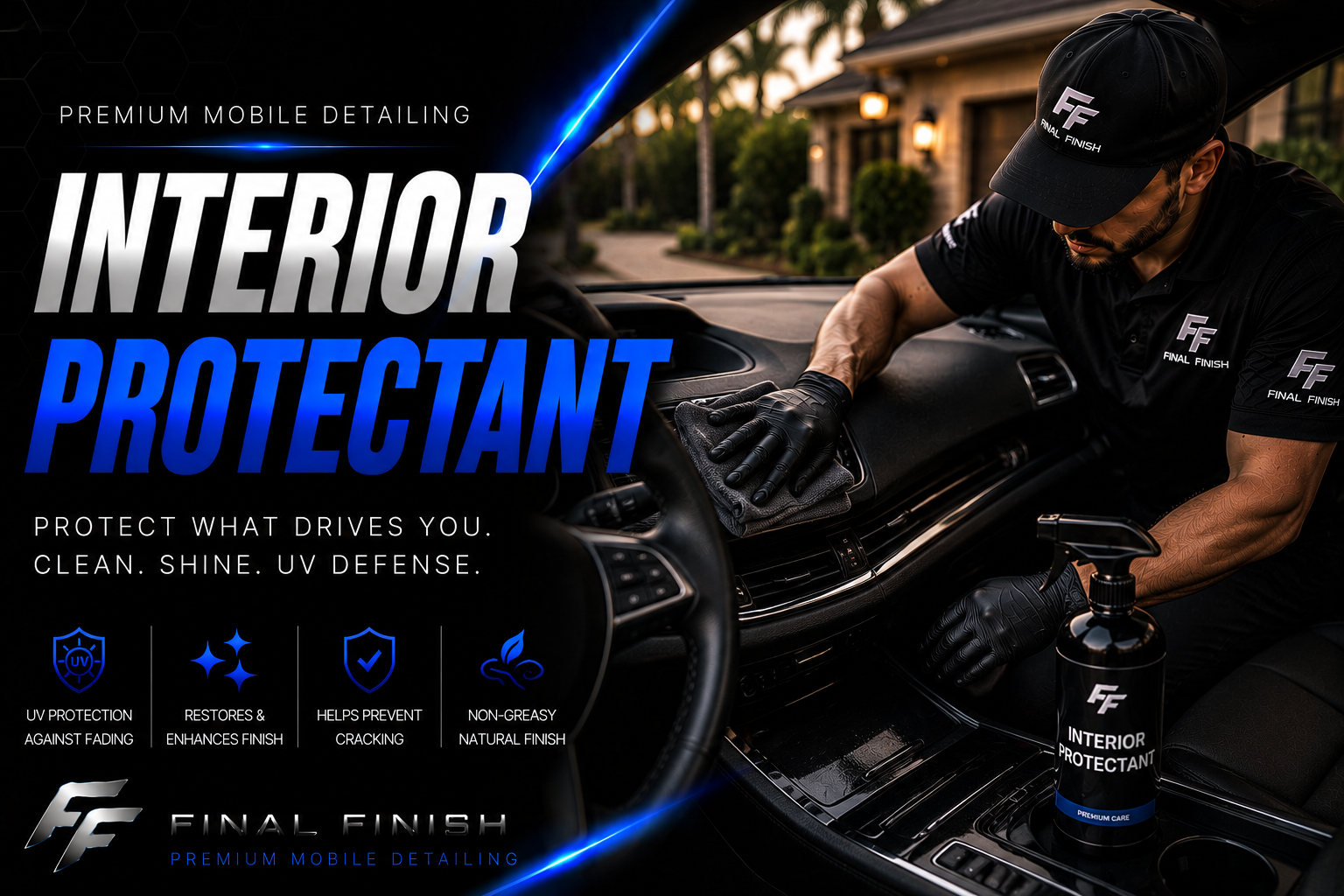 Detailer applying UV Interior Protectant to a car dashboard.