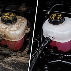 Before and after engine bay detail of a coolant reservoir.