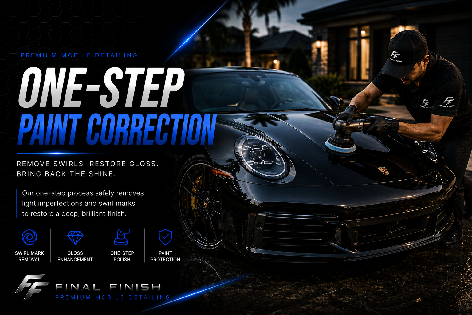 Professional performing one-step paint correction on a car.