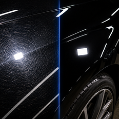 Before and after one-step paint correction on a black car.