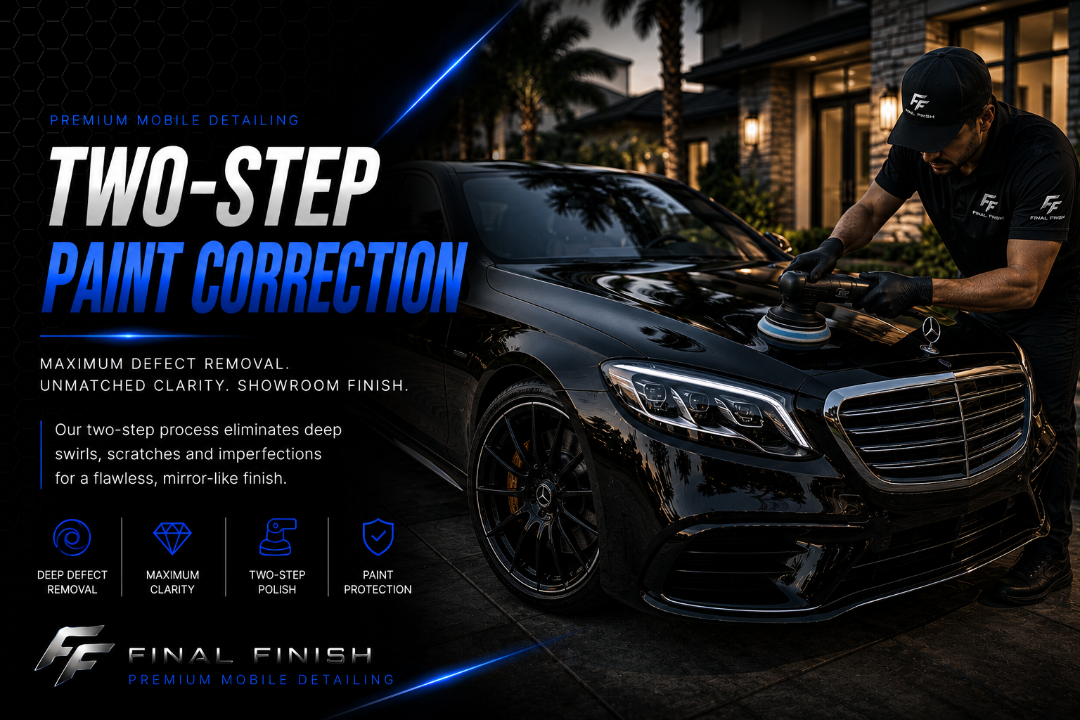 Detailer performing two-step paint correction on a black car.