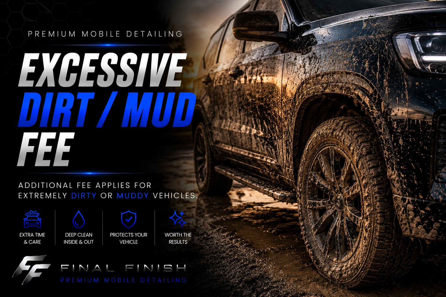 Black SUV covered in mud for excessive dirt fee notice.