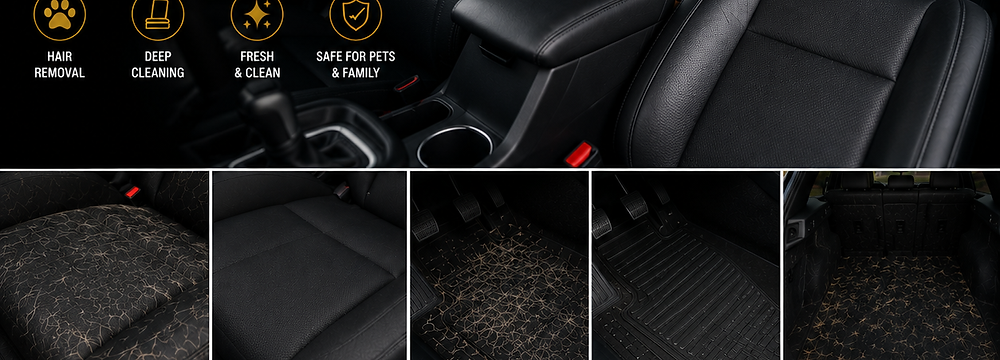 Golden Retriever in car with pet hair removal results.