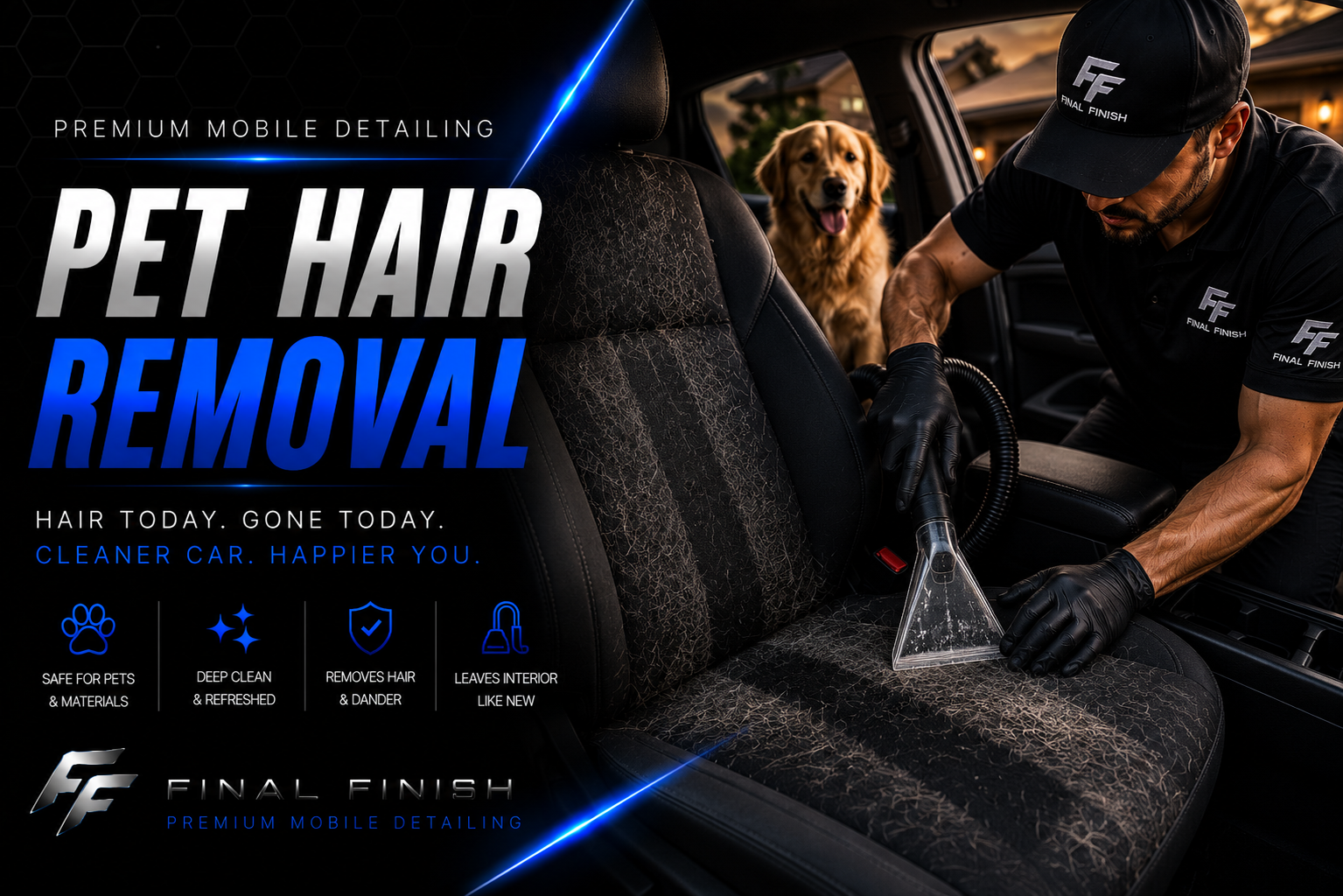 Detailer removing dog hair from car seat interior.