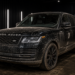 Dirty black Range Rover at Final Finish detailing shop