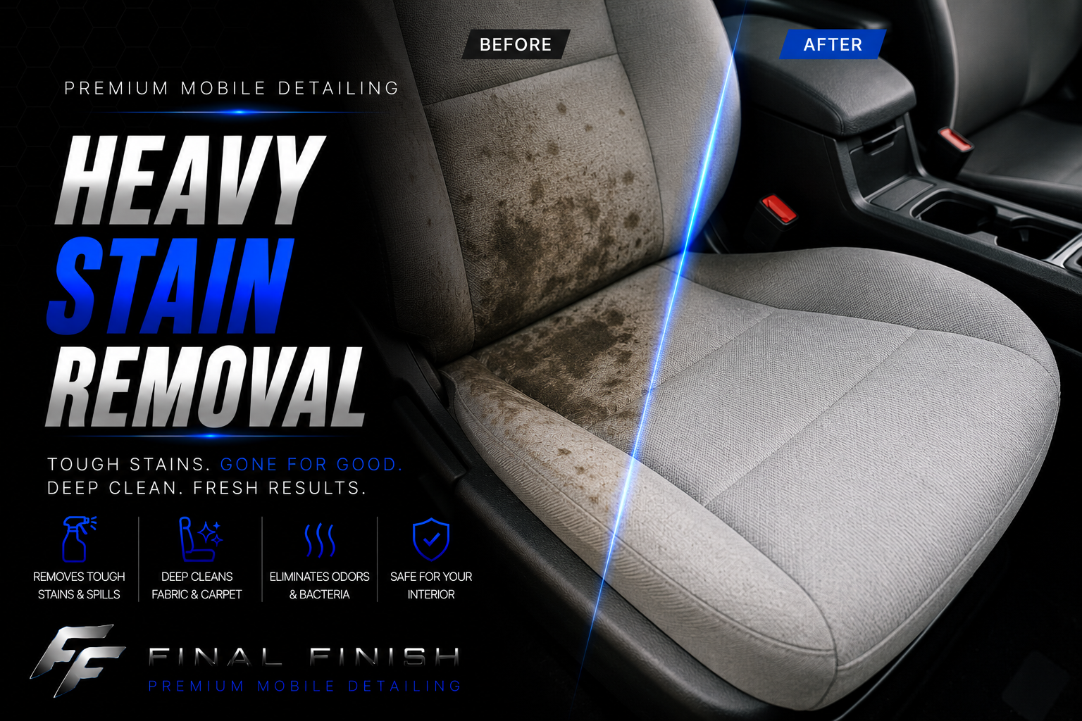 Before and after heavy stain removal on a car seat.