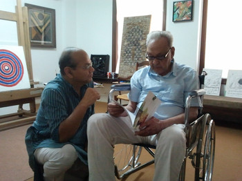 2011-Seeking blessings of S. H. Raza for show in India Habitat Centre Delhi.jpeg