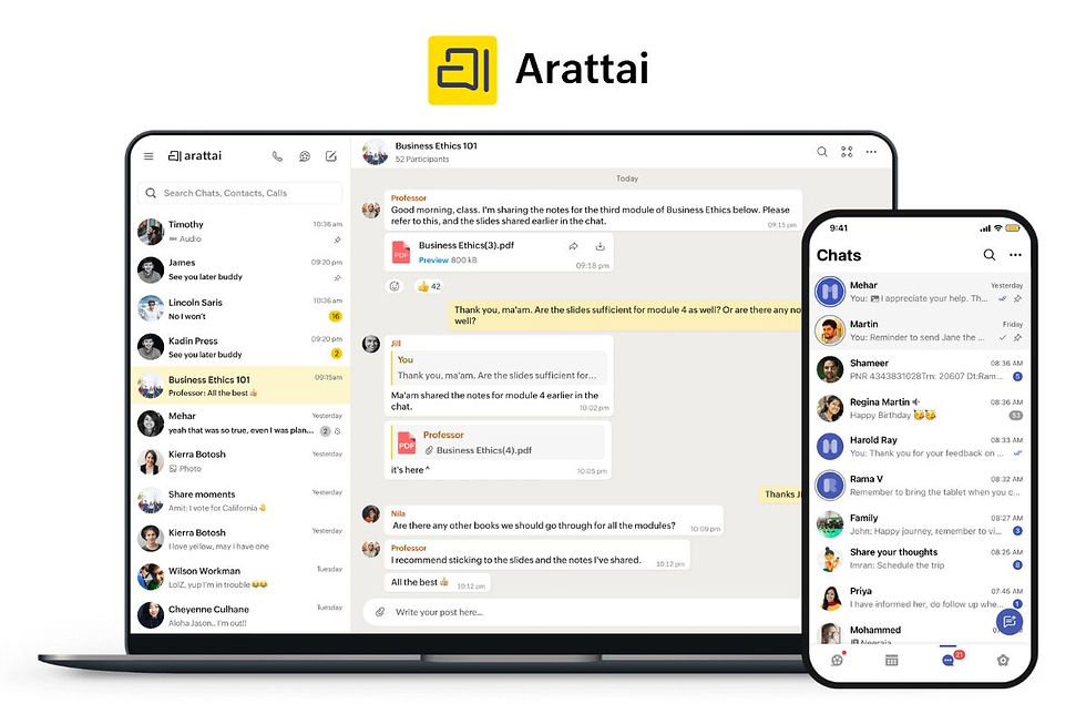 Laptop and phone display of Arattai App, Available on Mobile/Mac/Windows PC/Linux