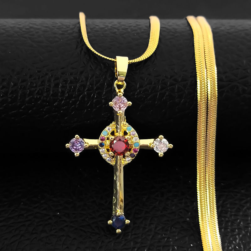 Miniatura: Shiny Zircon Jesus Cross Necklace with Stainless Steel Chain