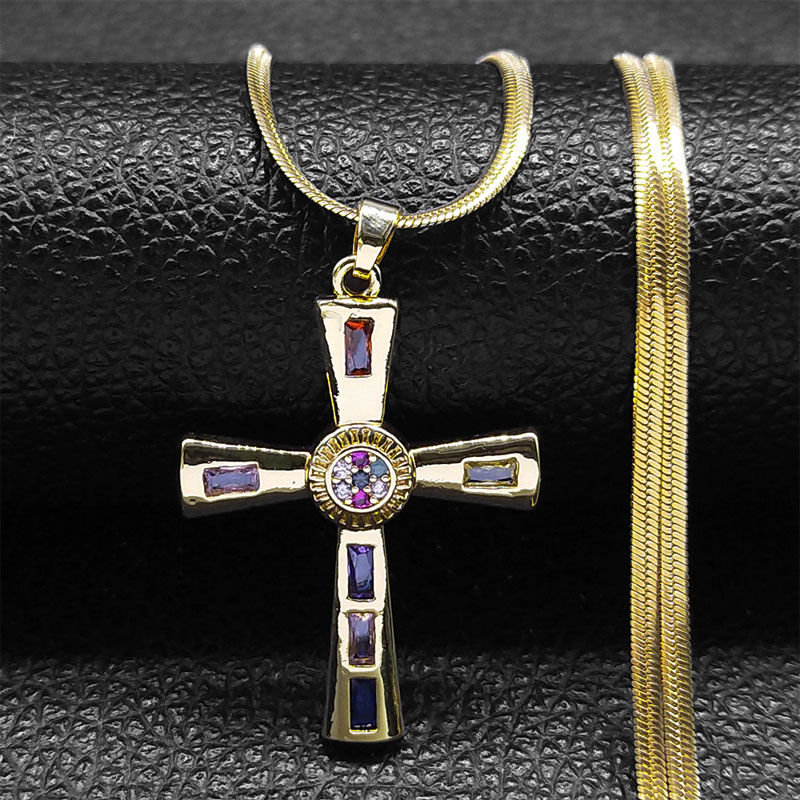 Miniatura: Shiny Zircon Jesus Cross Necklace with Stainless Steel Chain