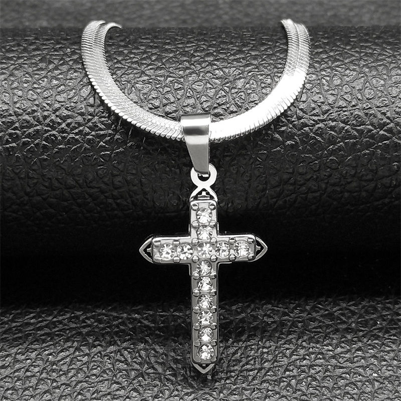 Miniatura: Shiny Zircon Jesus Cross Necklace with Stainless Steel Chain