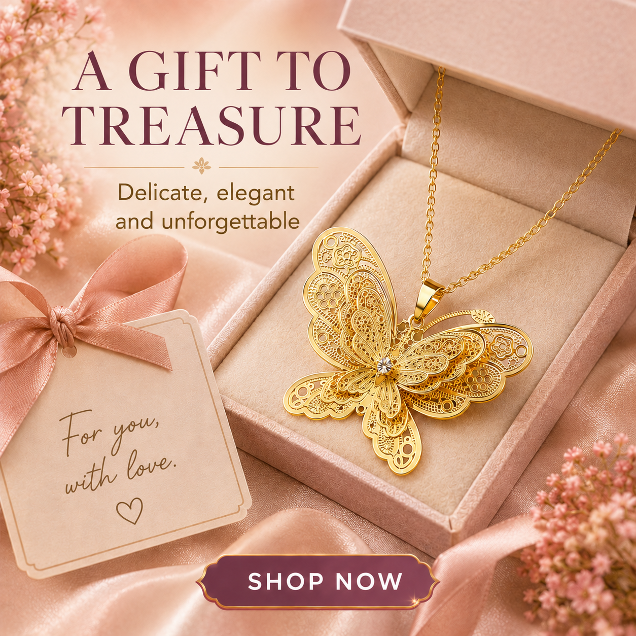 3D Butterfly Filigree Pendant Necklace – Gold Tone