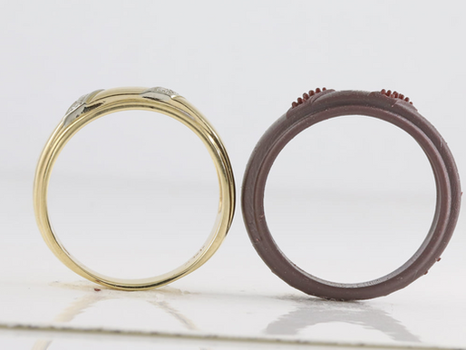 Wife's wedding band at left was used as a model for husband's replacement ring, shown at right in its resin-mold stage of creation at Williamsburg Jewelers.