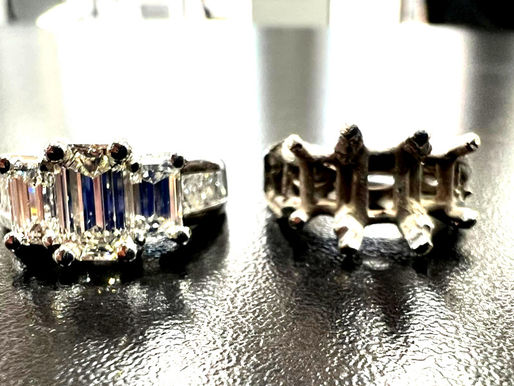 Old white-gold ring setting beside new platinum copy created by Williamsburg Jewelers' custom jewelry design team for a couple's 15th wedding anniversary.