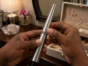 Man using jewelry mandrel to figure out his girlfriend's ring size to buy an engagement ring later at Williamsburg Jewelers
