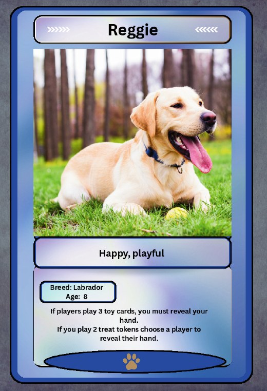 Reggie card: a labrador, age 8.
