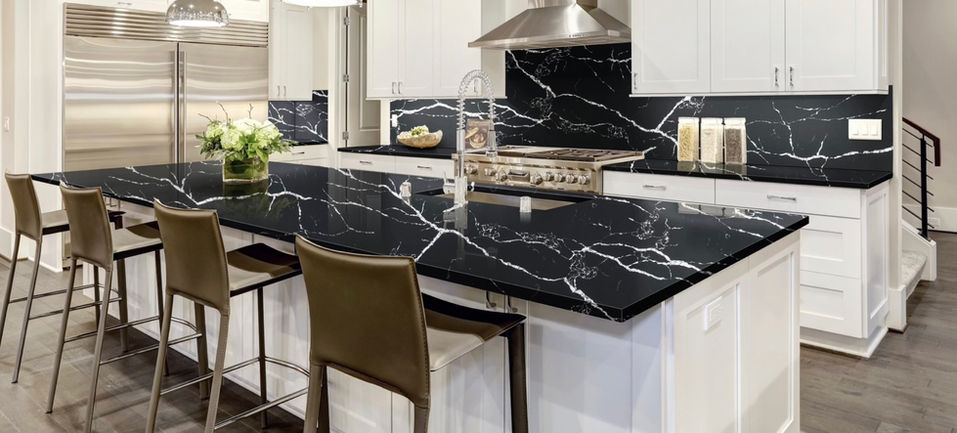 black quartz countertop with white lines