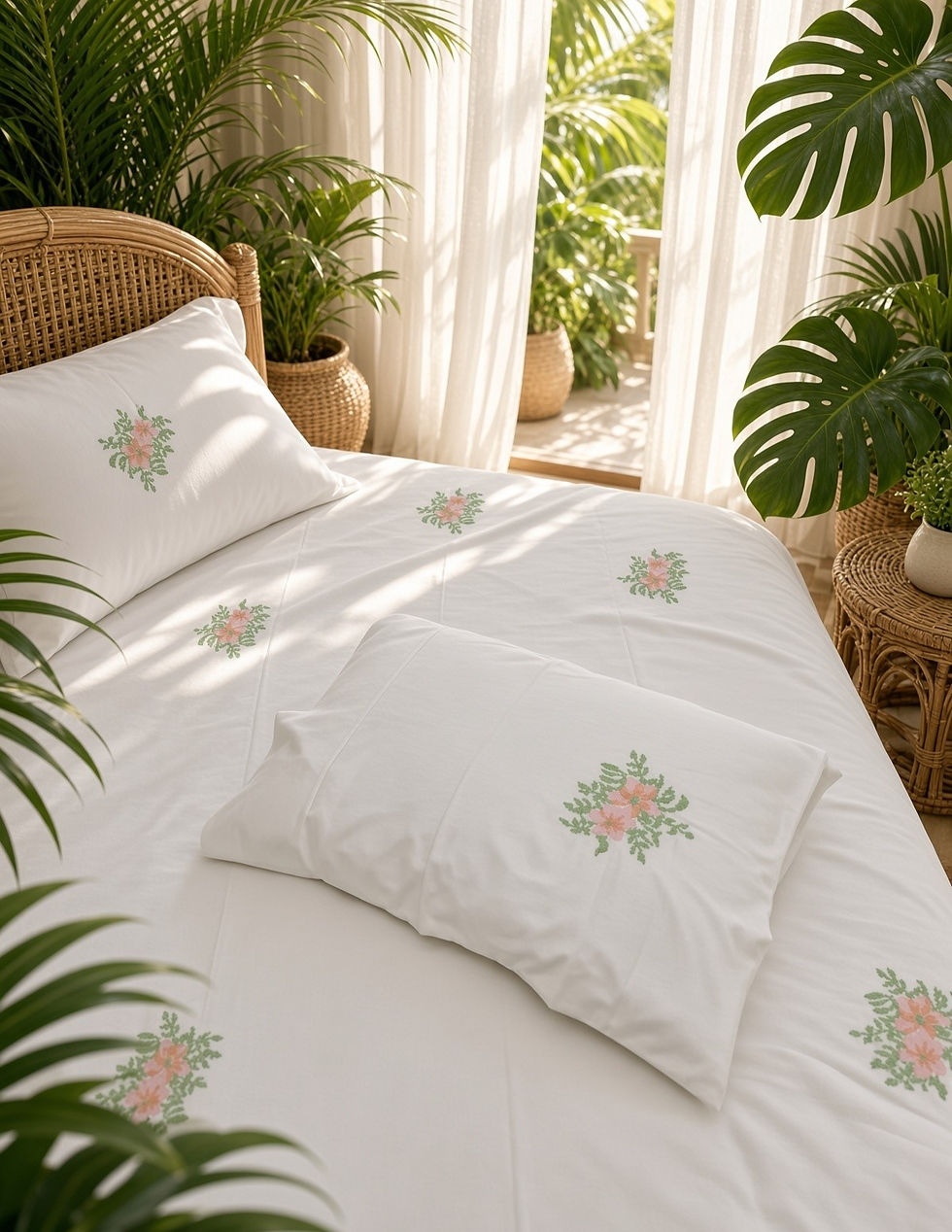 Cross stitched embroidered Bed Sheet set Peach Coral