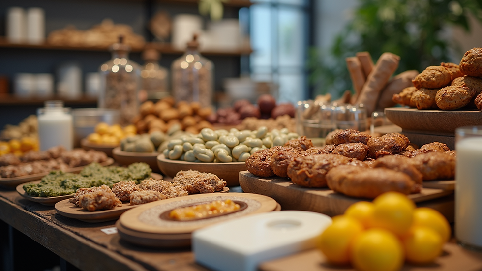 Close-up view of a diverse product display showcasing various items