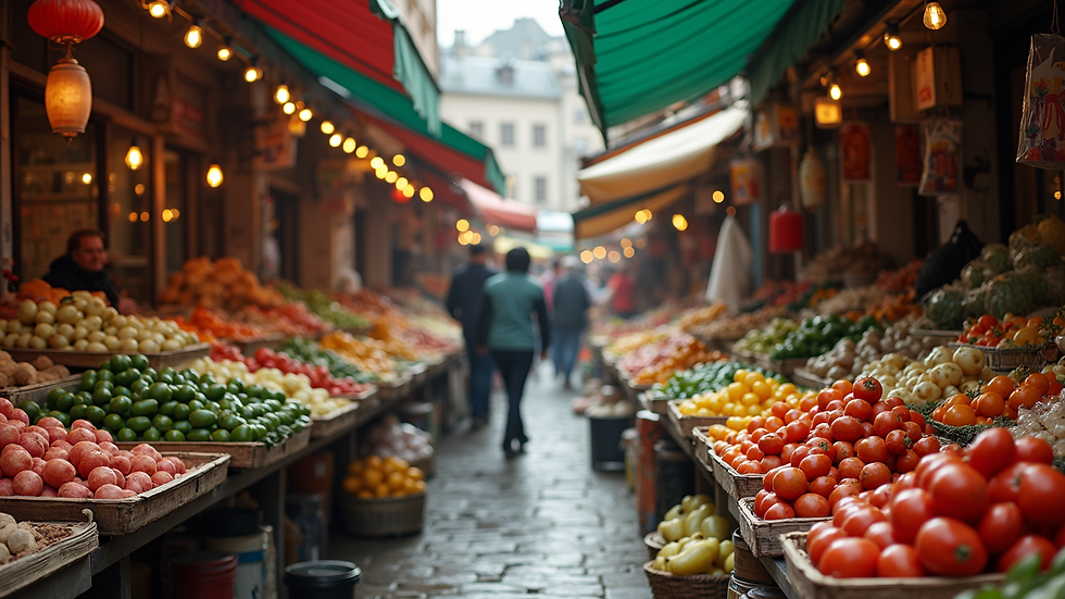 Wide angle view of a vibrant marketplace with diverse offerings