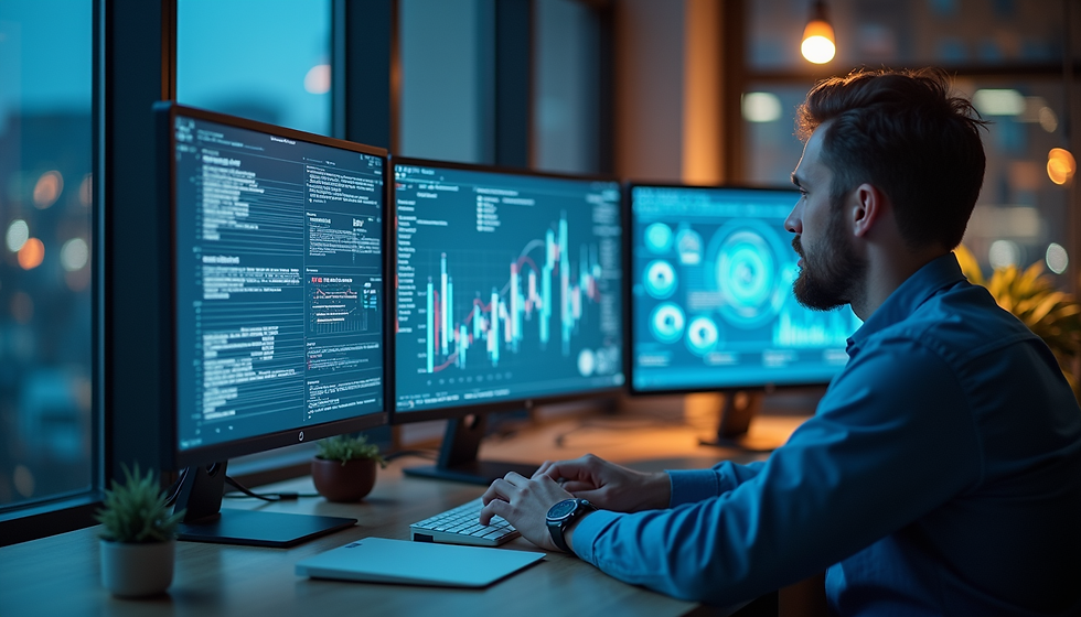 A business owner using data compiled by AI technology into reports where he is analyziing it to make better business decisions.