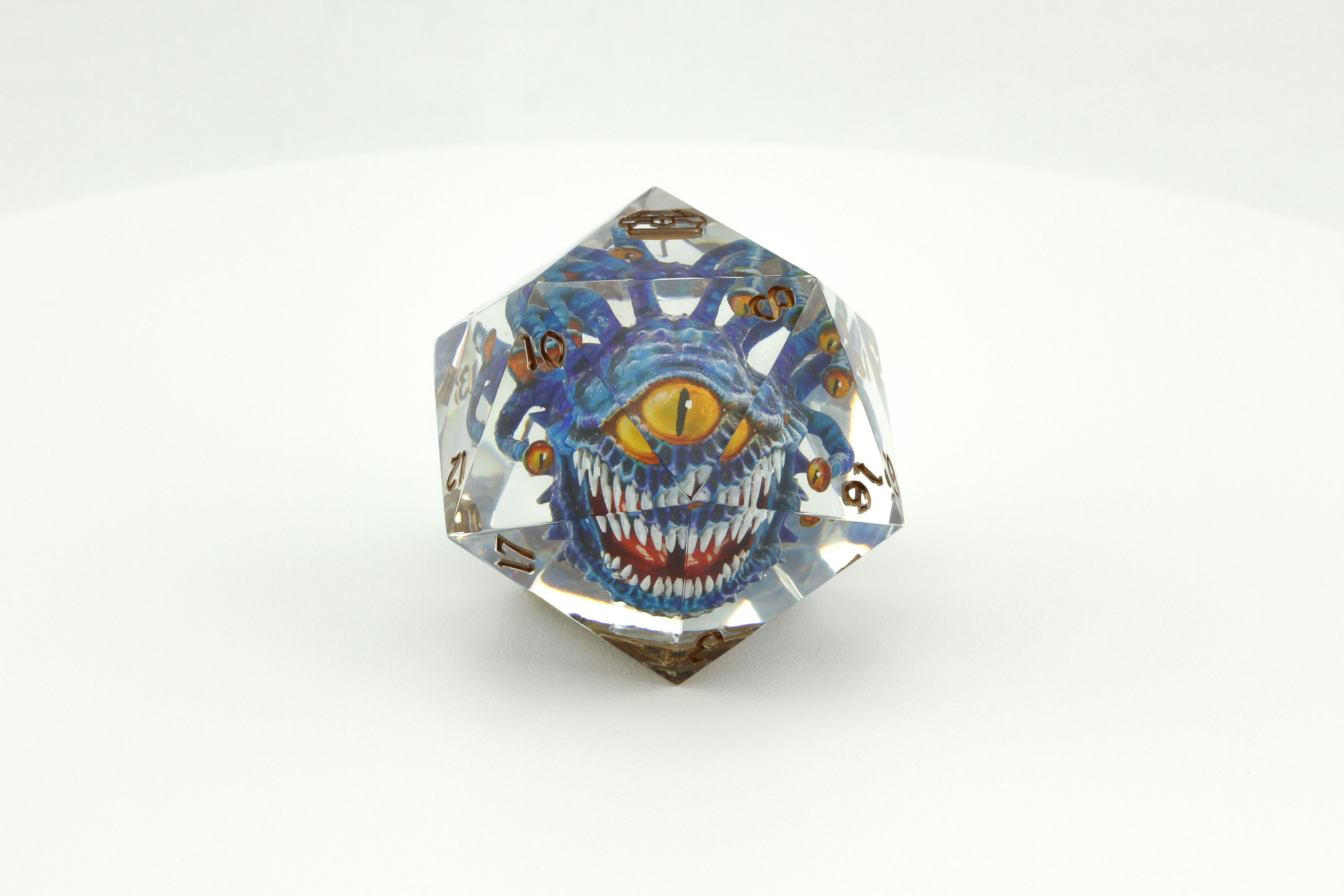 D20 de 60mm avec figurine - "Tyrannoeil Bleu Profond"