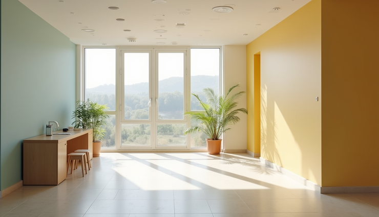 Eye-level view of a spacious community center room with natural light
