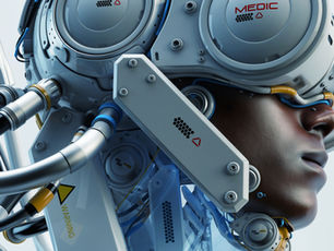 Cyborg head with futuristic helmet, visible wires, and "MEDIC" text. Metallic and high-tech design with blue and yellow accents.