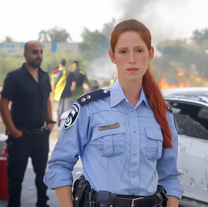 AI-generated image of a female police officer in uniform standing in front of a car crash scene with smoke and fire, while ot