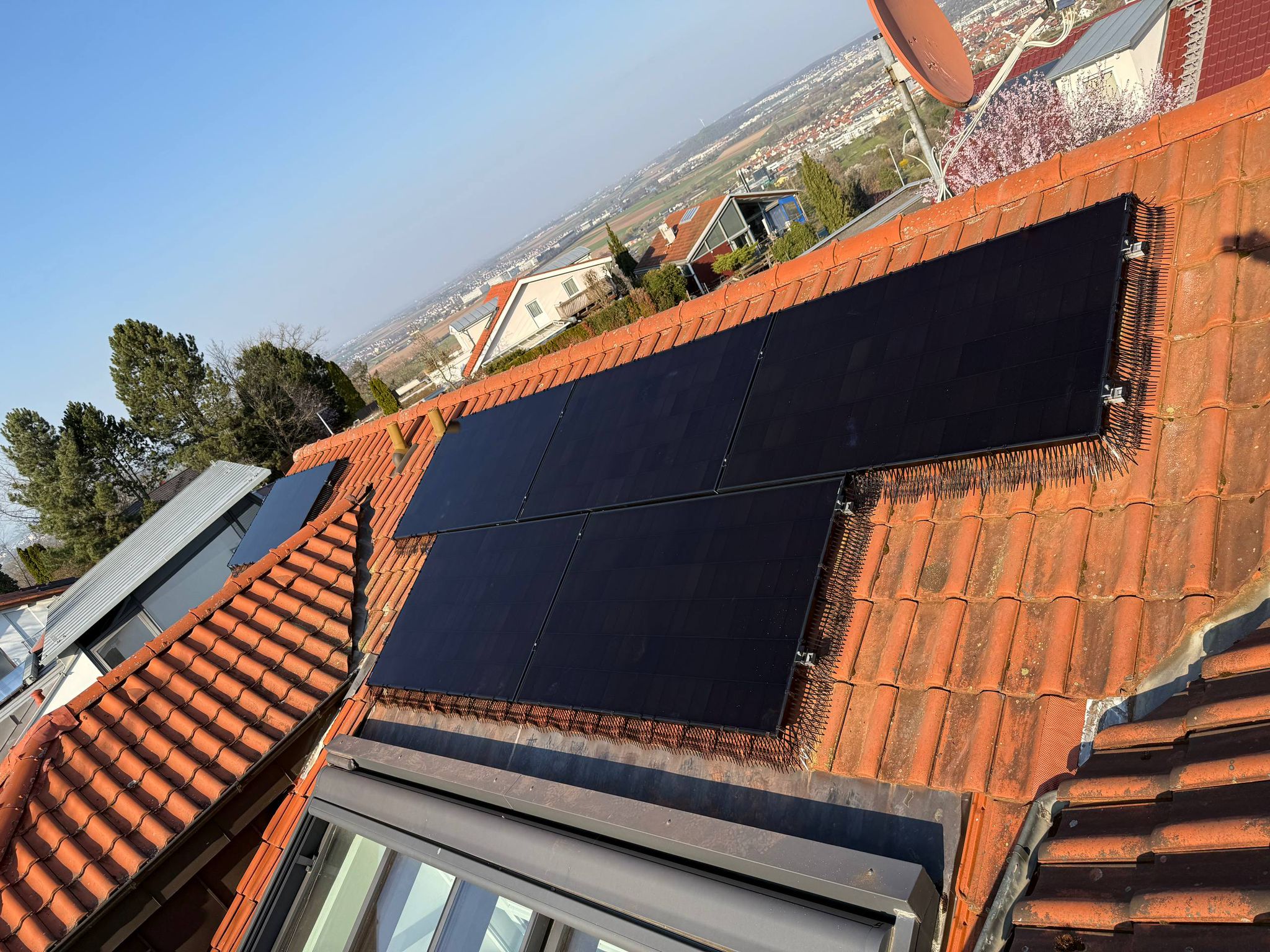 Solar panels on clay tile roof, medium shot with clear blue sky