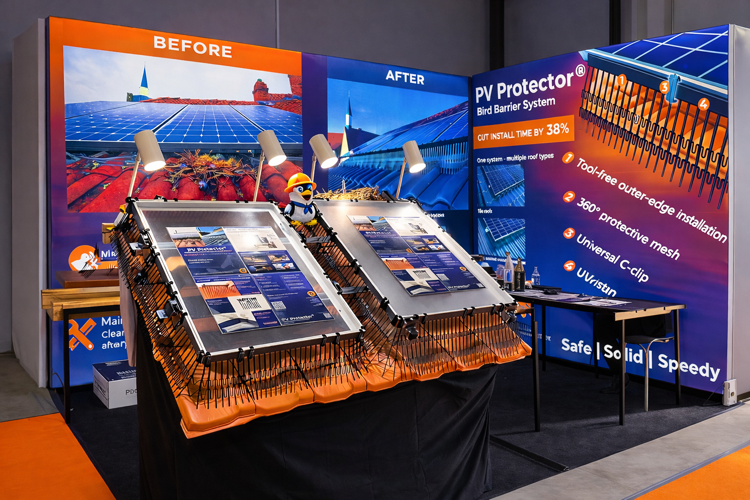 PV Protector® Messestand auf der ENEX 2026 — Vogelschutzsystem Vorher/Nachher — PV Protector®