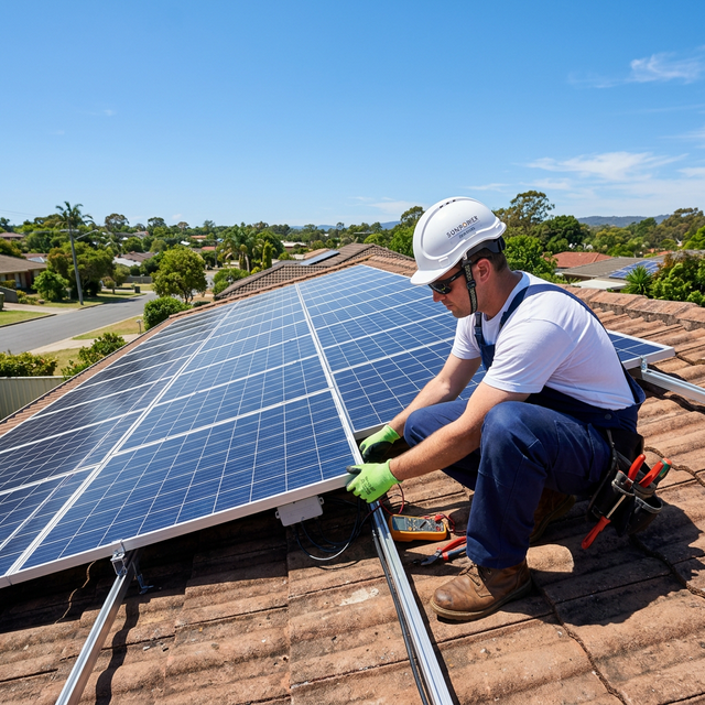 Solar panels on clay tile roof under clear sky