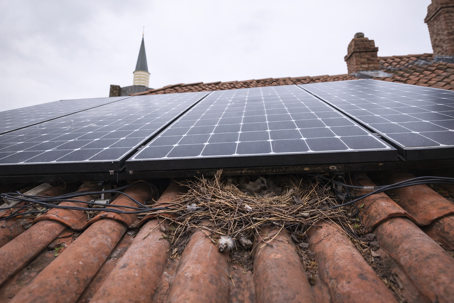 Nid d'oiseau sous panneau solaire bloquant la ventilation — PV Protector®