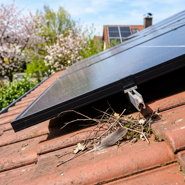 Close-up of bird droppings on clay tile under solar panel