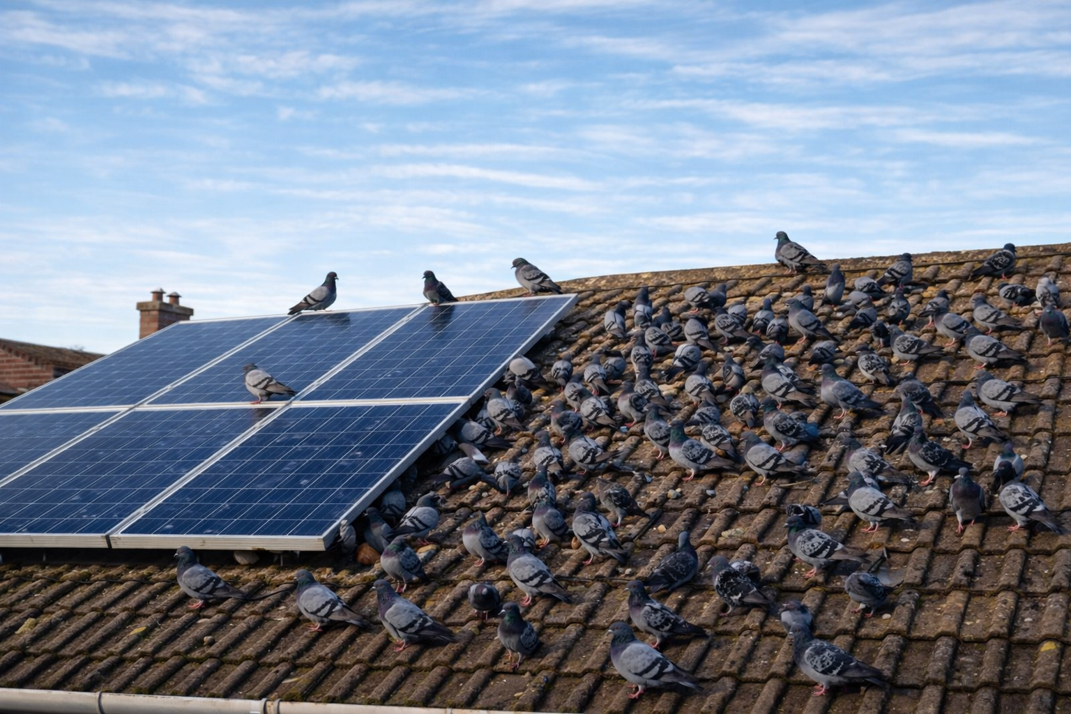 Professional bird protection system installed on solar panels