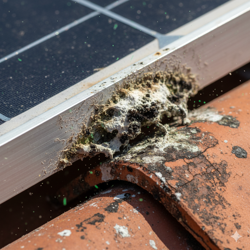 primer plano de suciedad placas solares con musgo en el borde del módulo — PV Protector®