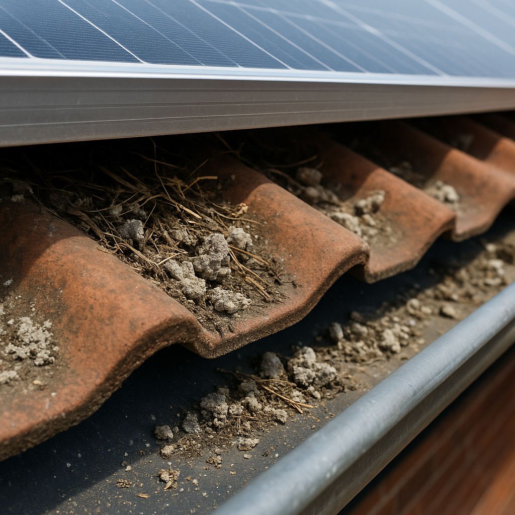 Solar panel maintenance — bird activity damage inspection