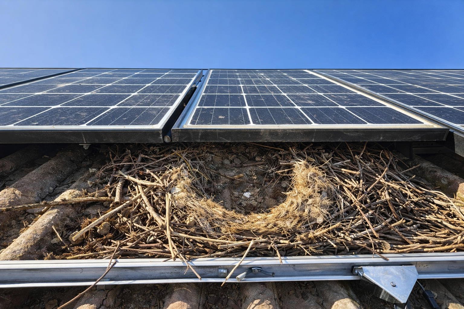 Bird droppings and nesting damage on solar panel surface