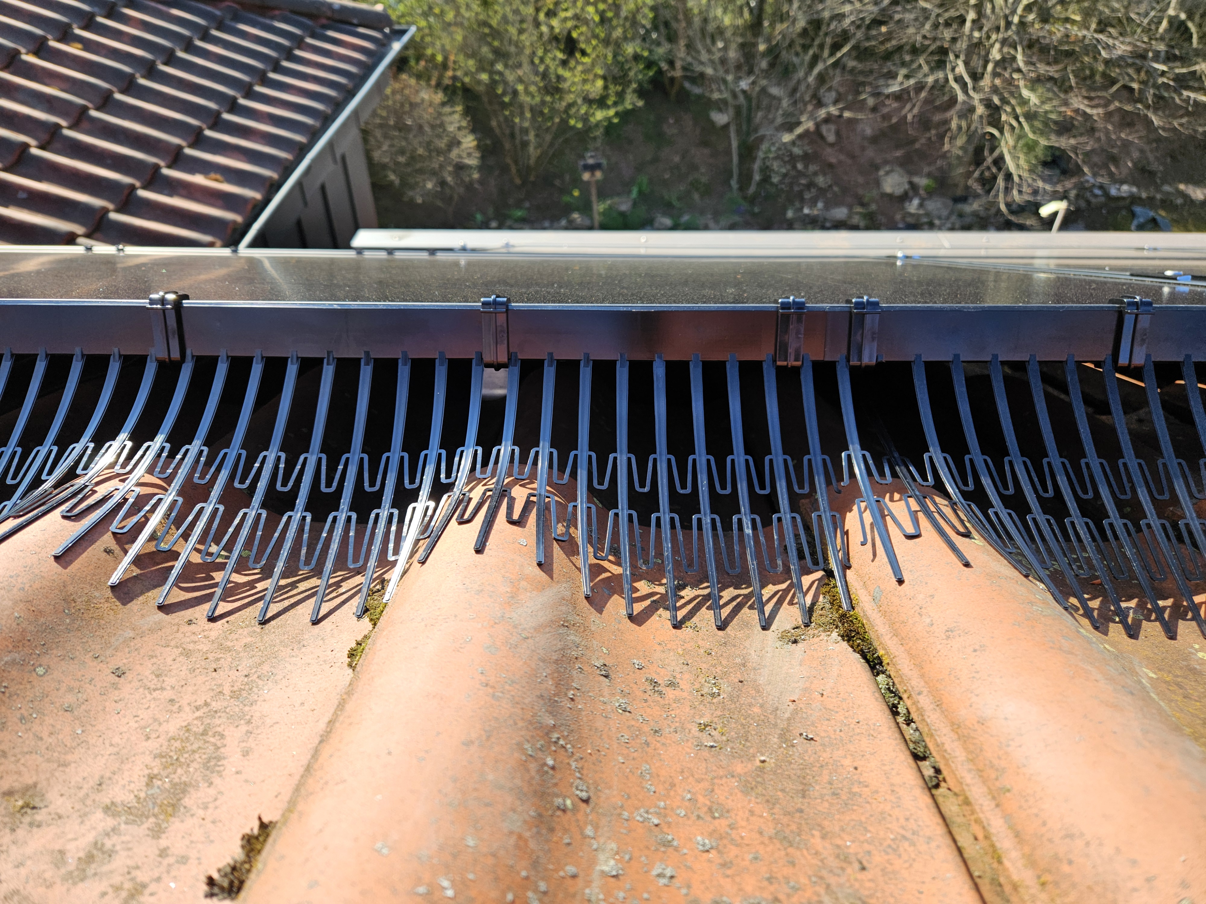 collaudo impianto fotovoltaico: bordo inferiore del modulo con guida, C-Clips e Perimeter Segment documentato dall'alto su un tetto in tegole — PV Protector®