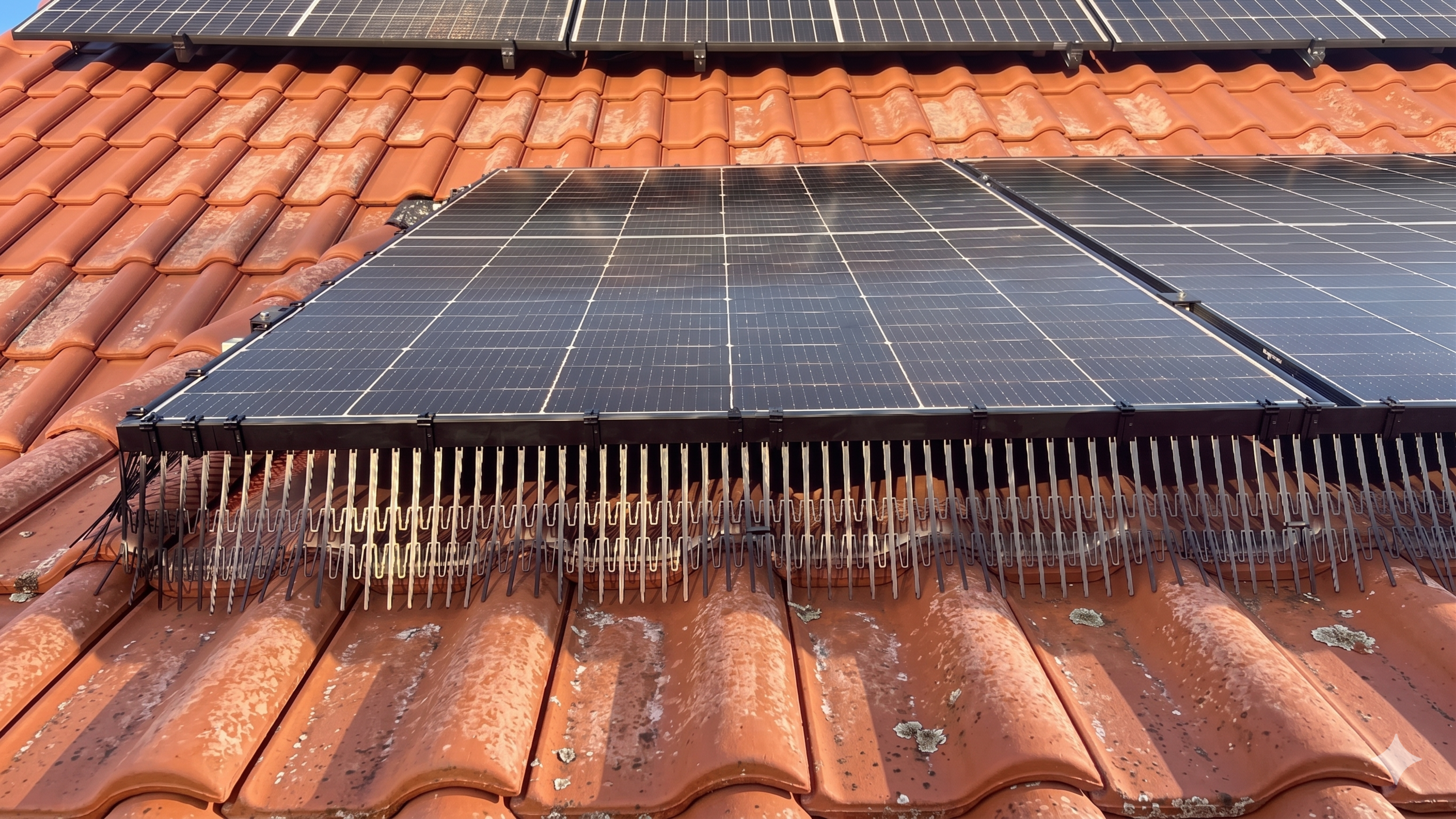 nido sotto pannelli fotovoltaici: moduli sporchi su un tetto in tegole con dissuasori a punta improvvisati lungo il bordo inferiore — PV Protector®