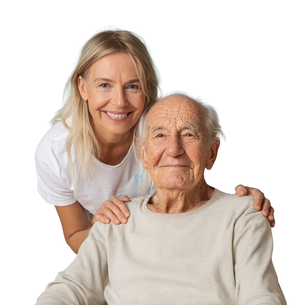 Älterer Klient und junge Pflegekraft lächeln bei einer häuslichen Krankenpflege, in hellen Kleidern, vor blauem Hintergrund.