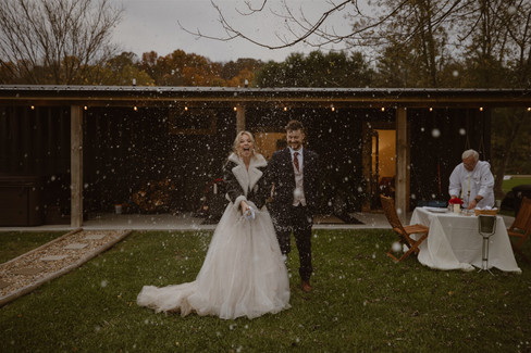 Eloping couple enjoying a private chef catered meal on their hocking hills elopement day