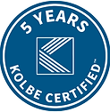 Lapis lazuli blue and white circular logo with the text 5 YEARS KOLBE CERTIFIED around the border and a stylized K in the center.