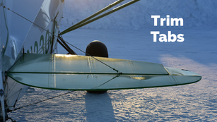 Airplane wing with green trim tabs in sunlight on snowy ground. White text "Trim Tabs" with arrow pointing at the tab.