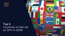 Flags from various countries form a globe; text reads "Top 5 Countries to Set Up an SPV in 2026" on a dark blue background.